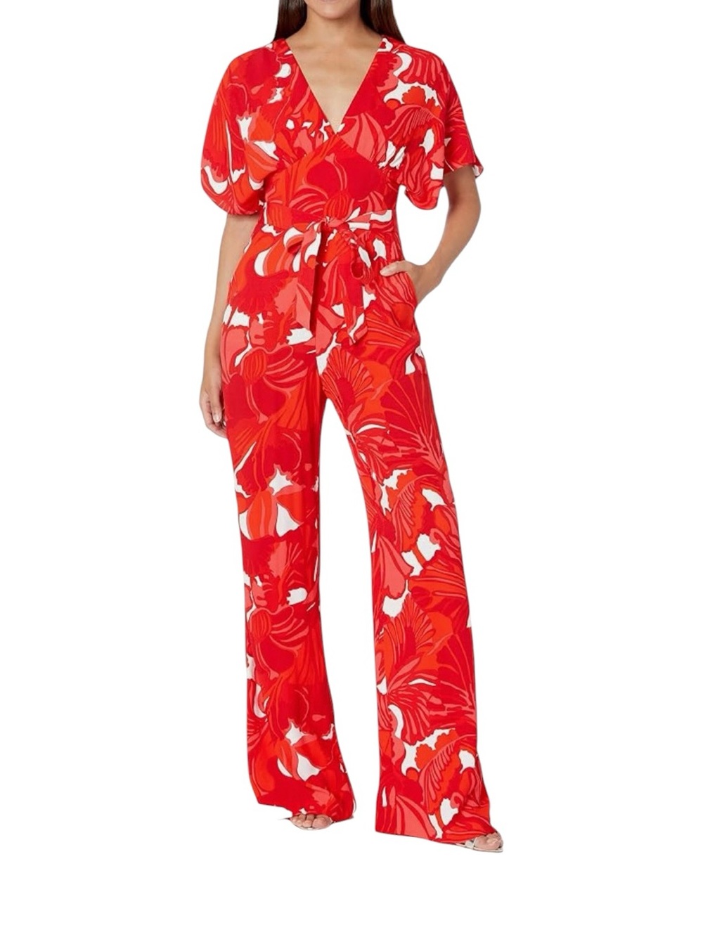 Trina‎ Turk Formation Jumpsuit Tie Waist Wide Leg Flutter Sleeves Surplice Neck